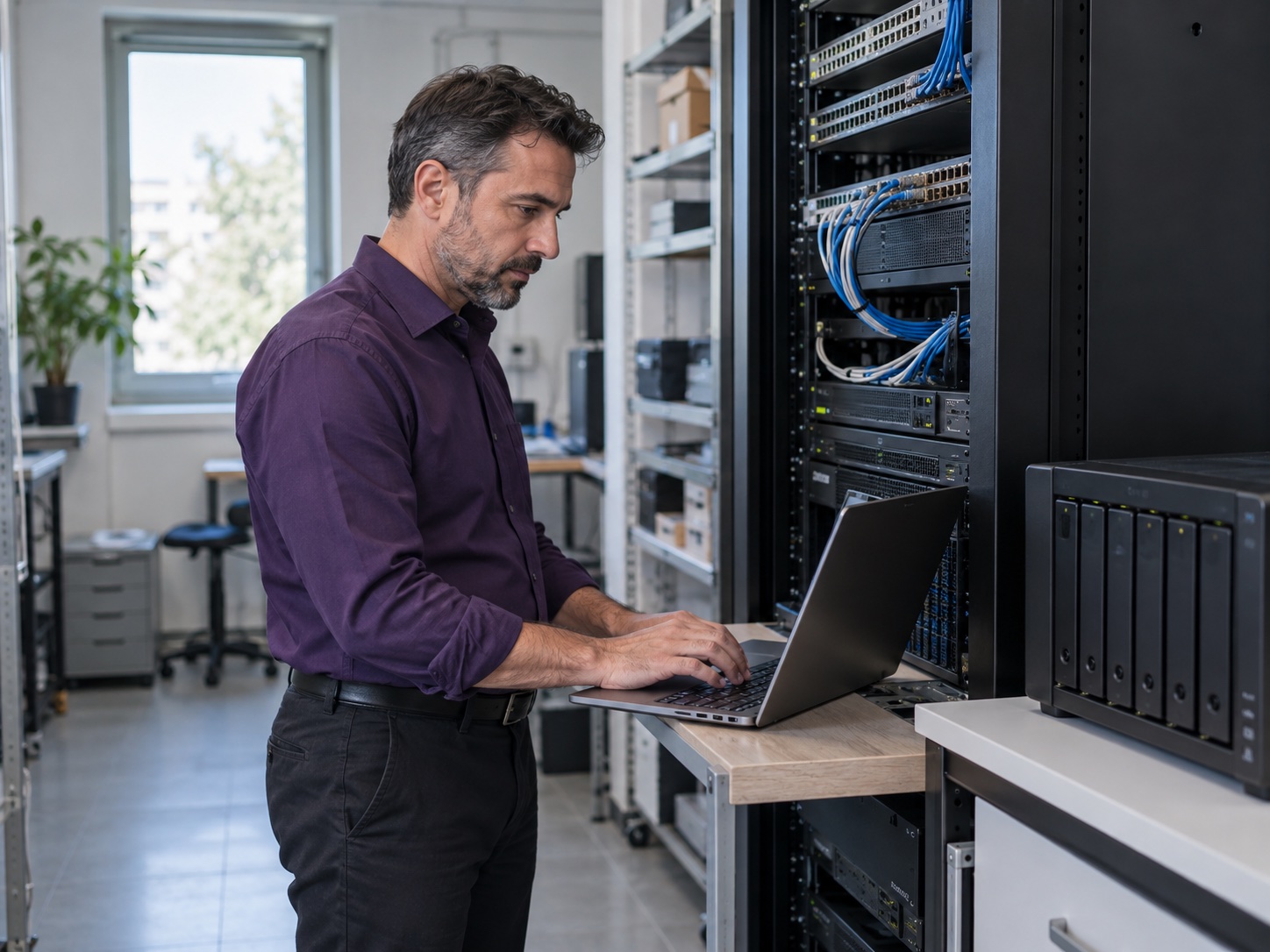 Immagine illustrativa: un tecnico al lavoro su un portatile accanto a server e dispositivi di archiviazione