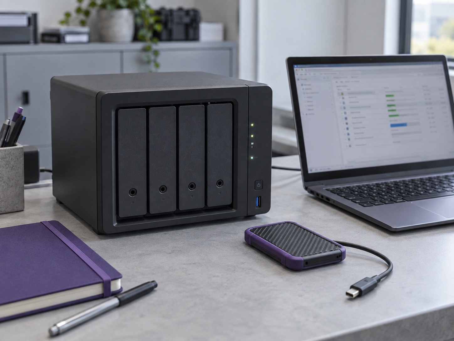 Immagine illustrativa: NAS, portatile per il controllo dei backup e unità esterna scollegata in custodia