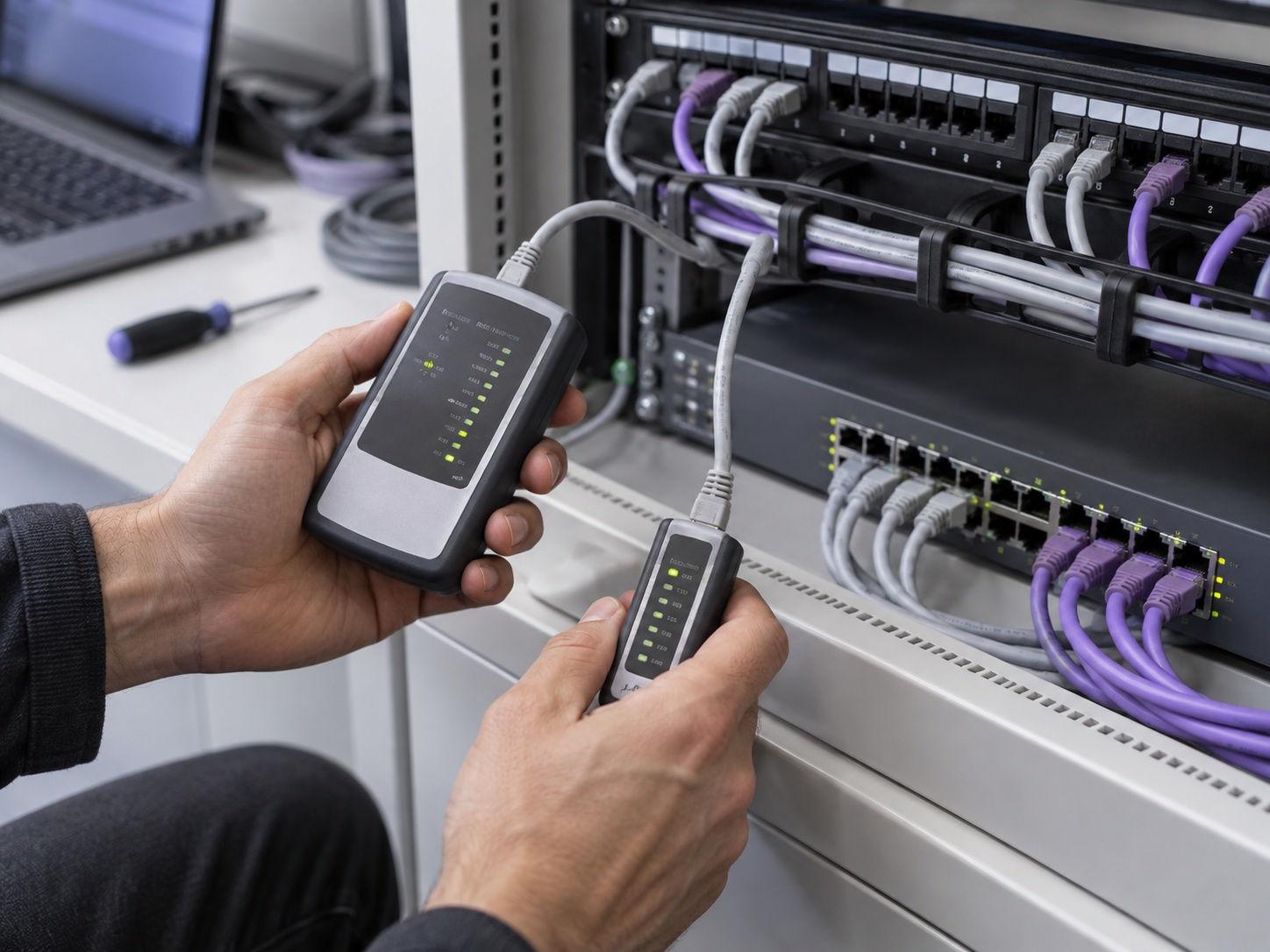 Immagine illustrativa: verifica tecnica di un cavo Ethernet con tester accanto a switch e pannello di rete