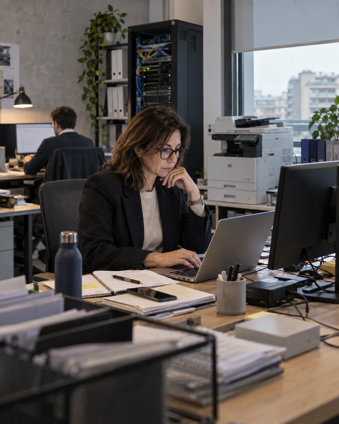 Una responsabile operativa al lavoro in un ufficio con diversi strumenti e sistemi informatici