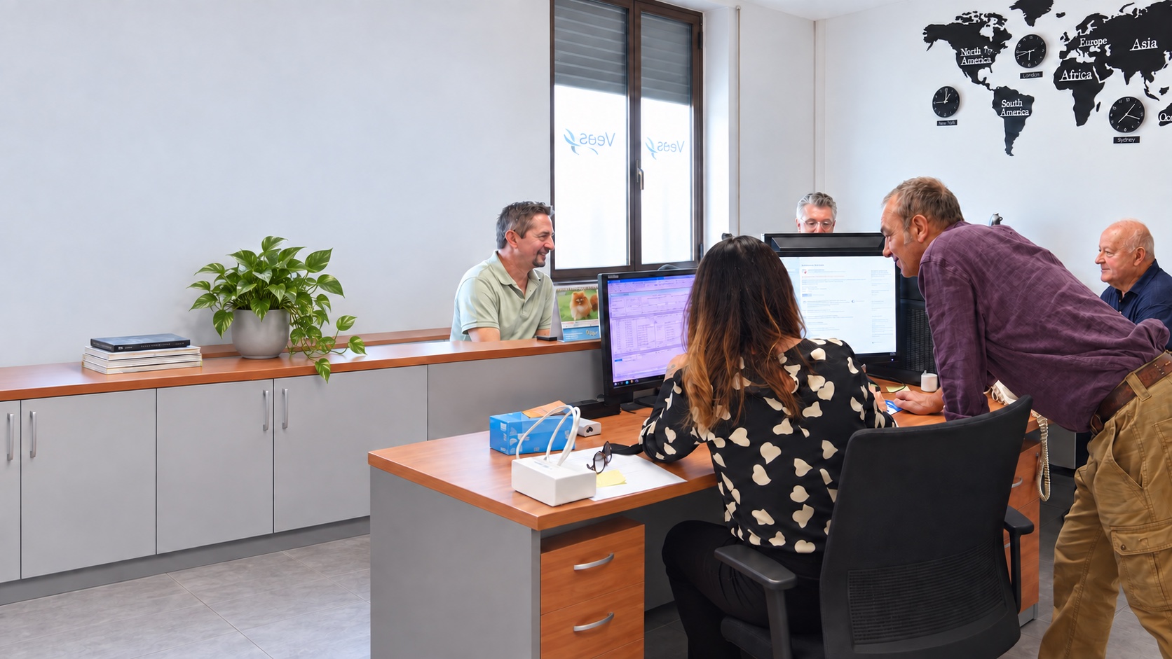 Il team VEAS collabora davanti a una postazione informatica in ufficio