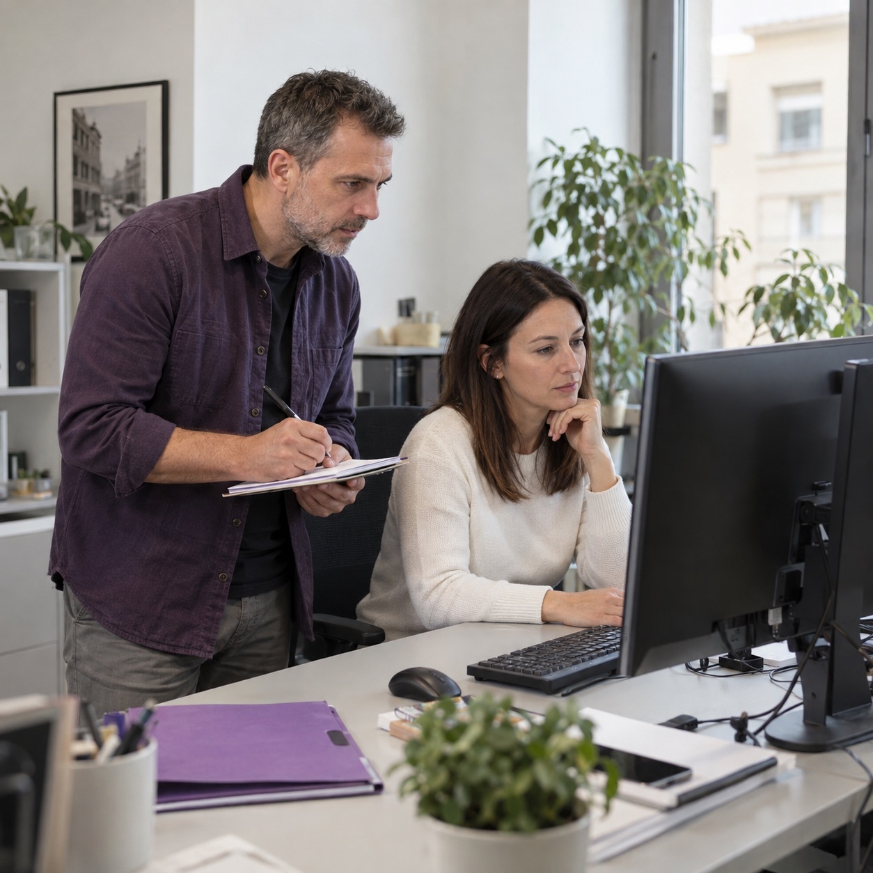 Scena illustrativa: un tecnico e una collega analizzano un problema alla postazione di lavoro